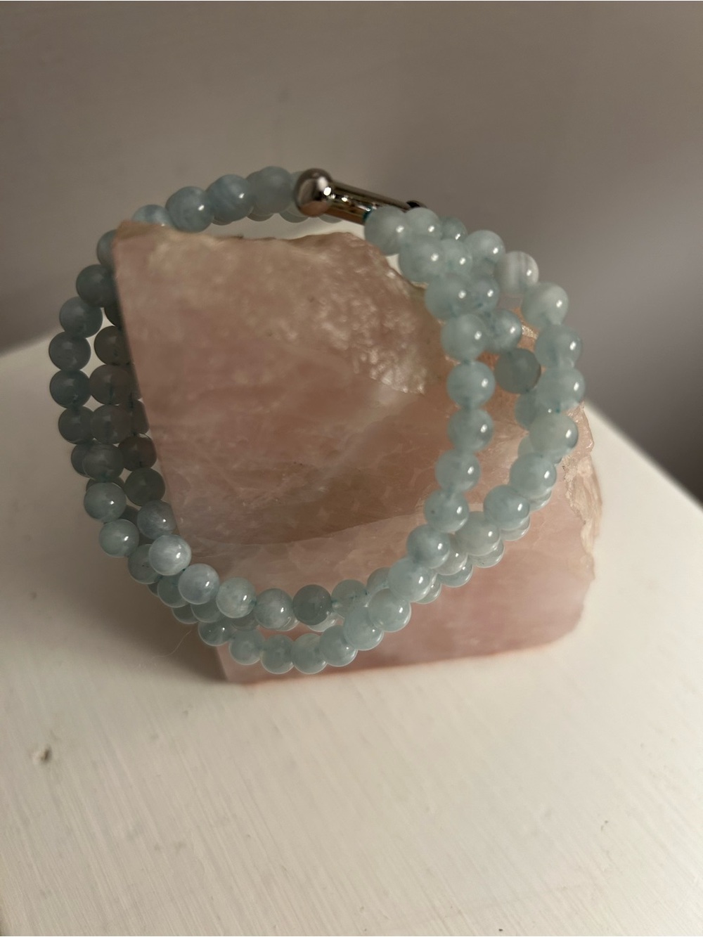 Triple Strand Light Blue Agate Beads Bracelet Sterling Silver Clasp 7.5 Inches